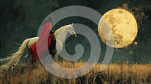 Solitary Moonlit Quest: Caped Rider and White Horse photo