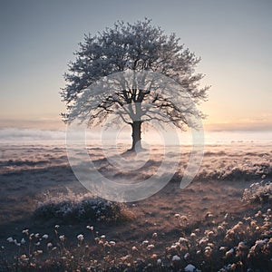 Solitary oak tree in a field covered in frost with a misty winter background. made with Generative AI