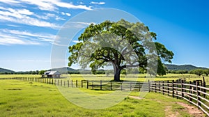 Solitary oak tree on lush green meadow against vibrant blue sky, scenic landscape nature view