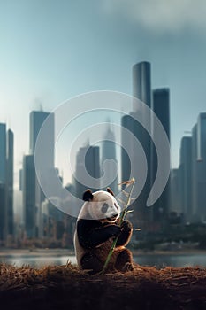 solitary panda amidst a polluted city, AI generated