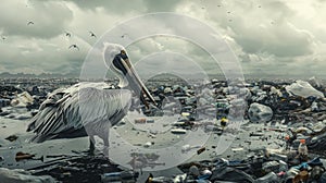 Solitary Pelican Amid Plastic Waste & Gloomy Skies: A Stark Contrast of Nature & Pollution