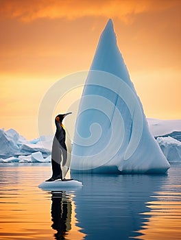 Solitary penguin standing on ice with the vast waters and an orange-hued sky in the background. photo