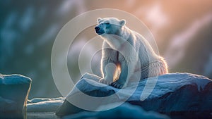 Solitary polar bear occupies a small patch of ice. Global warming. Generative AI
