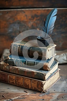 A solitary quill in an ink pot, poised on a pile of time-worn books, evokes the essence of bygone scholarly pursuits.