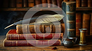 A solitary quill in an ink pot, poised on a pile of time-worn books, evokes the essence of bygone scholarly pursuits.