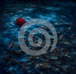 Solitary red lotus adrift in the mystical blue pond waters