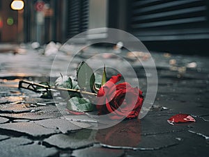 Solitary Red Rose on Wet Cobblestone Street. Bad Romance Broken Heart Concept. Generative Ai