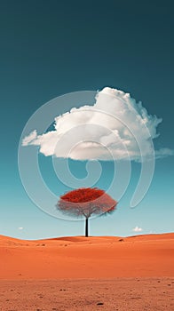 Solitary red tree in a desert landscape under a cloud