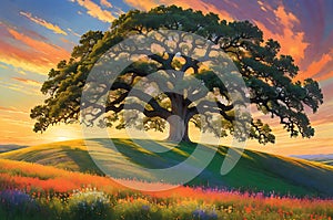 Solitary Reverie: Majestic Oak Tree Standing Alone on a Gently Rolling Hill, Summer Sunset Casting Elongated Shadows
