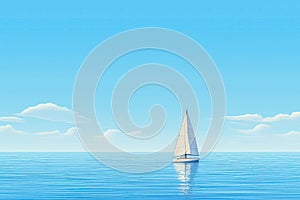 Solitary Sailboat Gliding Across Calm, Deep Blue Ocean Under Cloudless Sky