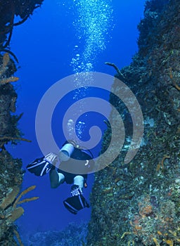 Solitary scuba diver between coral walls in Cozume