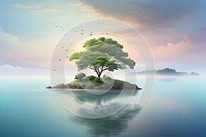 Solitary Serenity: Tranquil Scene with a Single Tree on an Island, Reflecting Clouds and Sky in Water