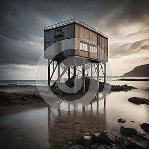 Solitary Stilt House by Calm Waters Under a Moody Overcast Sky