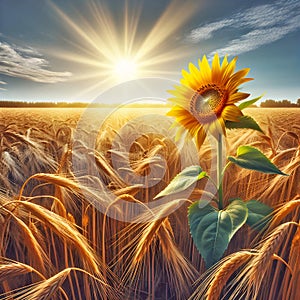 Solitary Sunflower In a Wheat Field