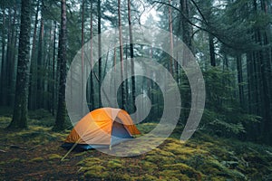 Solitary tent nestled in a serene, misty forest exuding tranquility and adventure