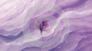 Solitary tree against purple wavy background, abstract art merging nature and fantasy. AI