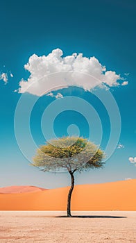 Solitary tree in a desert landscape against a vibrant blue sky and fluffy white clouds