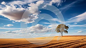 A solitary tree in a golden wheat field with a blue sky