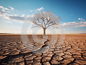 Solitary Tree Standing Tall Amidst a Vast, Cracked Desert Under a Serene Sky