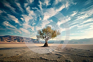 Solitary tree stands resilient in vast desert expanse, captivating solitude