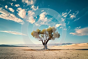 Solitary tree stands resilient in vast desert expanse, captivating solitude