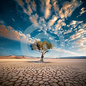 Solitary tree stands resilient in vast desert expanse, captivating solitude