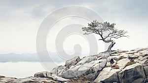 A solitary tree stands resiliently on rocky terrain, with a backdrop of misty mountains