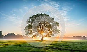 A solitary tree stands in a serene, sunlit pastoral field during golden hour, conveying a sense of peace and tranquility