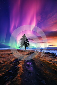 Solitary tree under colorful northern lights in dark sky