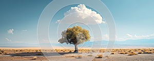 Solitary tree under a fluffy cloud in a desert landscape