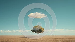 Solitary tree under a single cloud in desert landscape