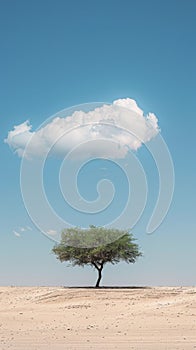 Solitary tree under a single cloud in a desert landscape