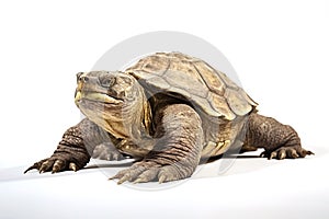 A solitary turtle, set against a clean white backdrop, showcasing its brown carapace while leisurely walking,