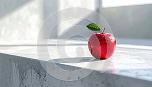 A solitary vibrant red apple on a concrete surface, with dramatic sunlight and shadows