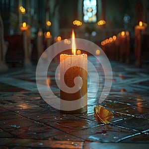 Solitary Vigil Candle Burning in an Empty Chapel The flame blurs with hope