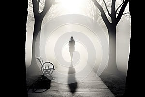Solitary Wanderer: A woman's silhouette against the backdrop of a deserted park path, capturing the essence of being