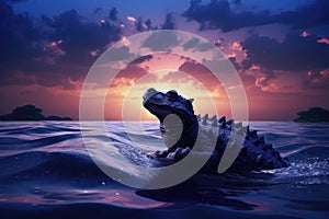 A solitary water dinosaur bobbing in the rhytmic waves captivated by the scenic beauty of the twilight sky.. AI