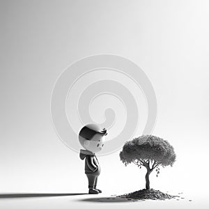 Solitary Whimsy: Monochrome Portrait of a Boy with Floating Balloon