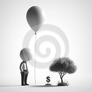 Solitary Whimsy: Monochrome Portrait of a Boy with Floating Balloon