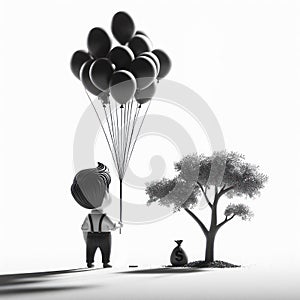 Solitary Whimsy: Monochrome Portrait of a Boy with Floating Balloon