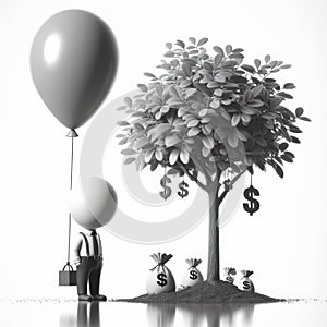 Solitary Whimsy: Monochrome Portrait of a Boy with Floating Balloon