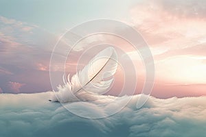 Solitary white fluffy feather with a soft pastel background