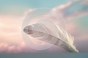 Solitary white fluffy feather with a soft pastel background