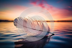 Solitary white fluffy feather with a stunning sunset background