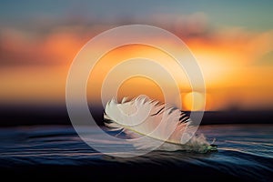 Solitary white fluffy feather with a stunning sunset background