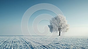 Solitary winter tree in frosty field with backlit snowfall, photorealism, cold tones