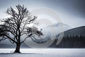 A solitary winter tree reflects on the calm lake, embodying serenity as snow blankets the landscape