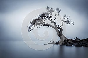 A solitary winter tree reflects on the calm lake, embodying serenity as snow blankets the landscape