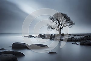 A solitary winter tree reflects on the calm lake, embodying serenity as snow blankets the landscape