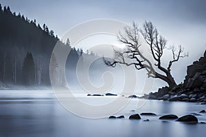 A solitary winter tree reflects on the calm lake, embodying serenity as snow blankets the landscape